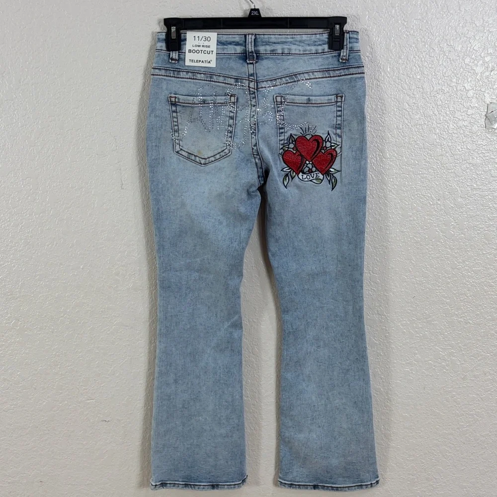 Telepatia Heart Embroidered Light Blue Bootcut Jeans,Size 11/30 - Picture 1 of 17